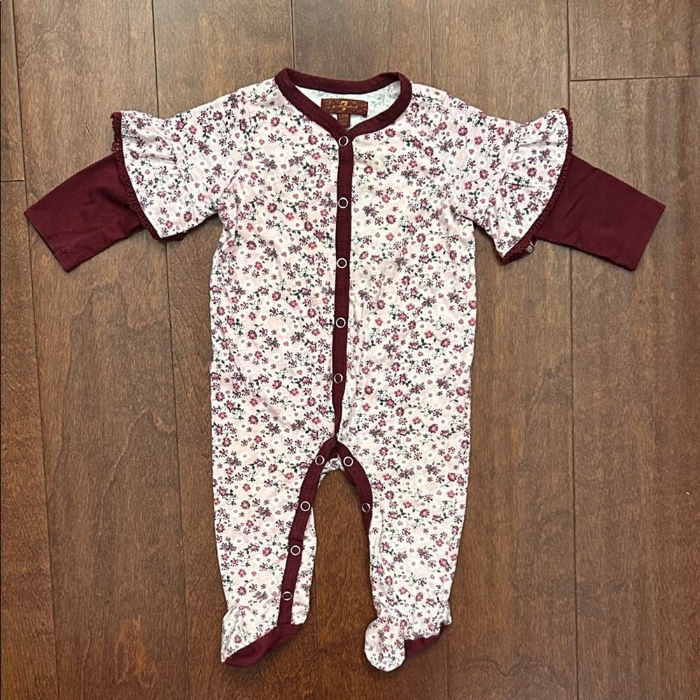 7 For All Mankind Floral Burgundy Kids Footie One Piece, Size 3-6 Months